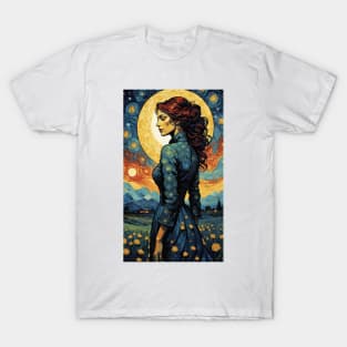 Starry Night Symphony: Van Gogh-Inspired Woman T-Shirt